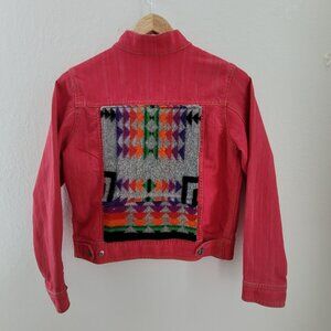 Custom Jean Jacket Women's M Red with Wool Blanket Panel on Back Long Sleeve